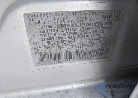 2017 Nissan Sentra Sr z USA, uszkodzony, nr VIN 3N1AB7AP8HY302403